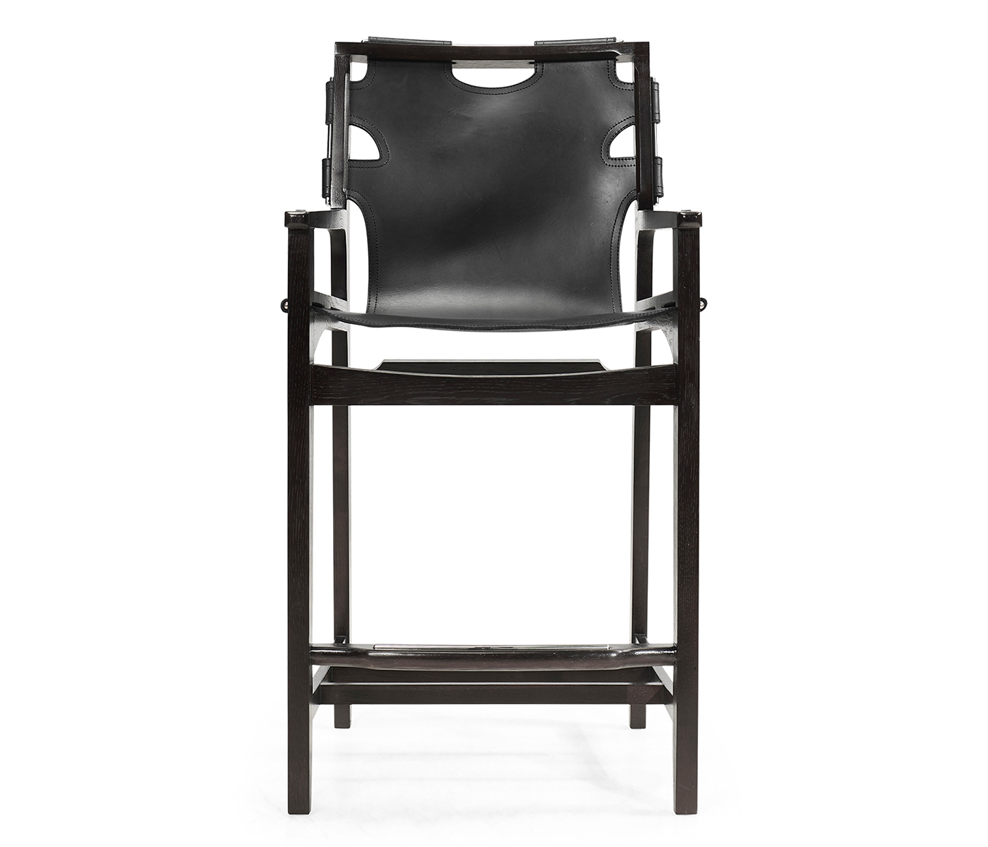 Midcentury Style Slung Black Leather & Black Mocha Oak Counter Stool