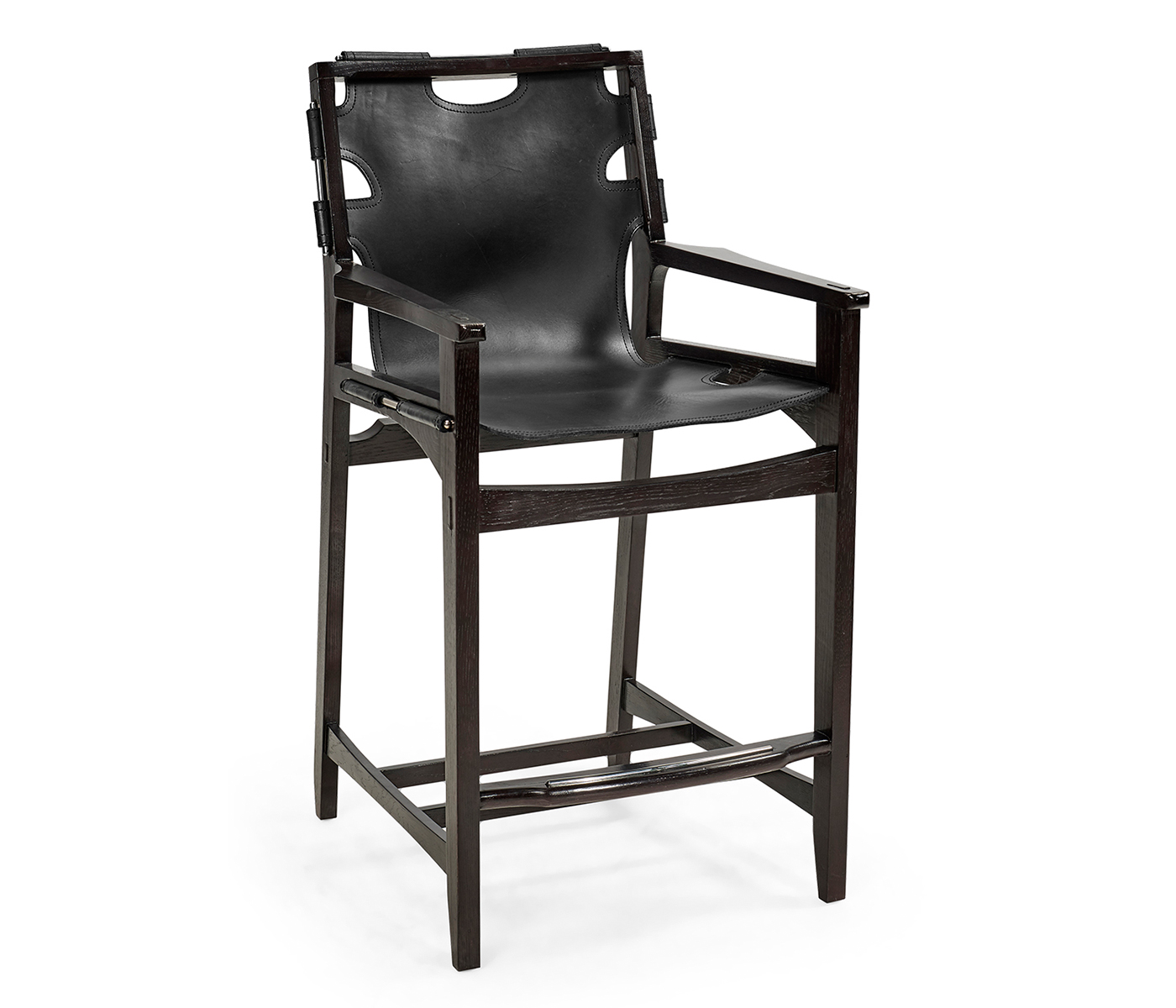 Midcentury Style Slung Black Leather & Black Mocha Oak Counter Stool
