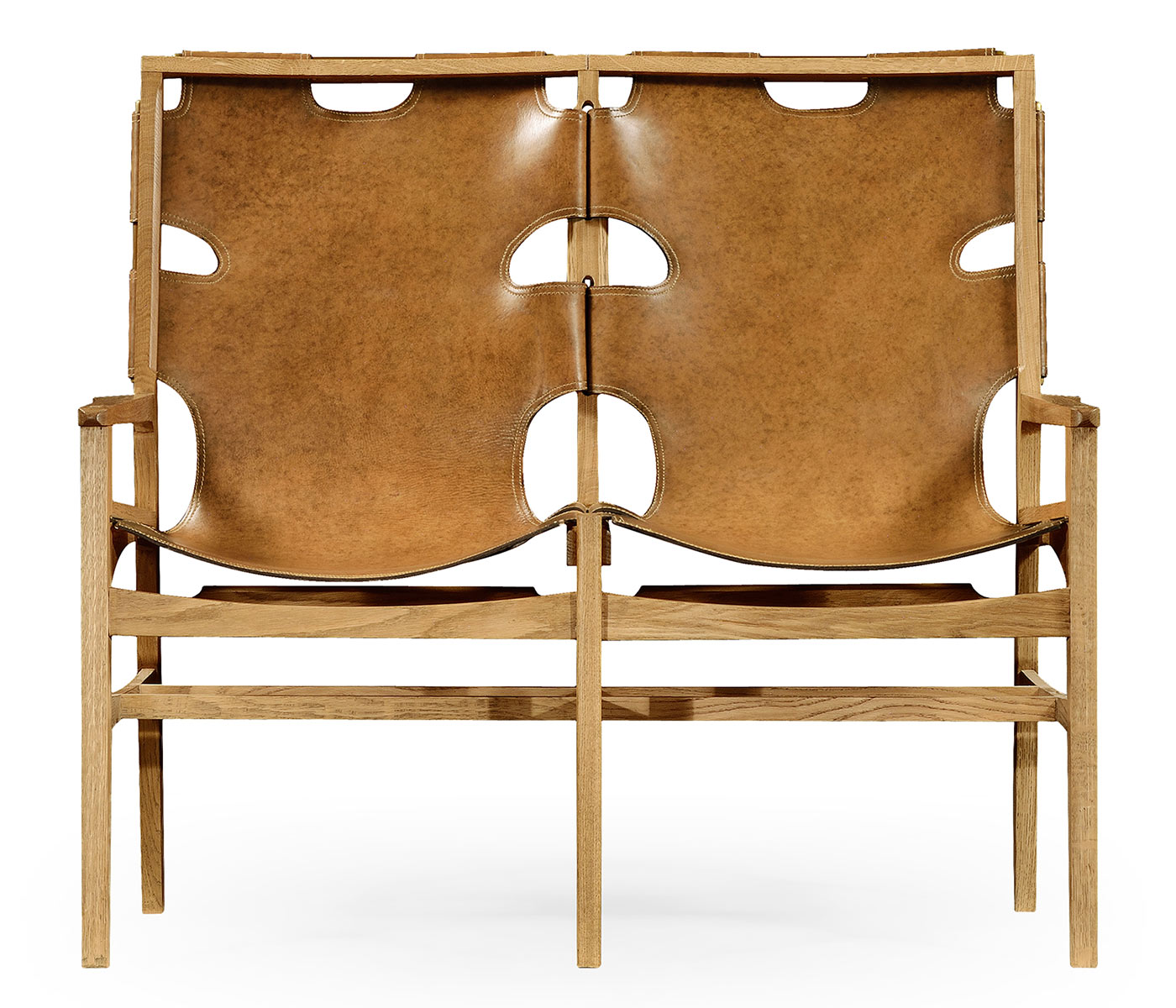 Midcentury Style Slung Leather & Light Oak Two Seat Bench