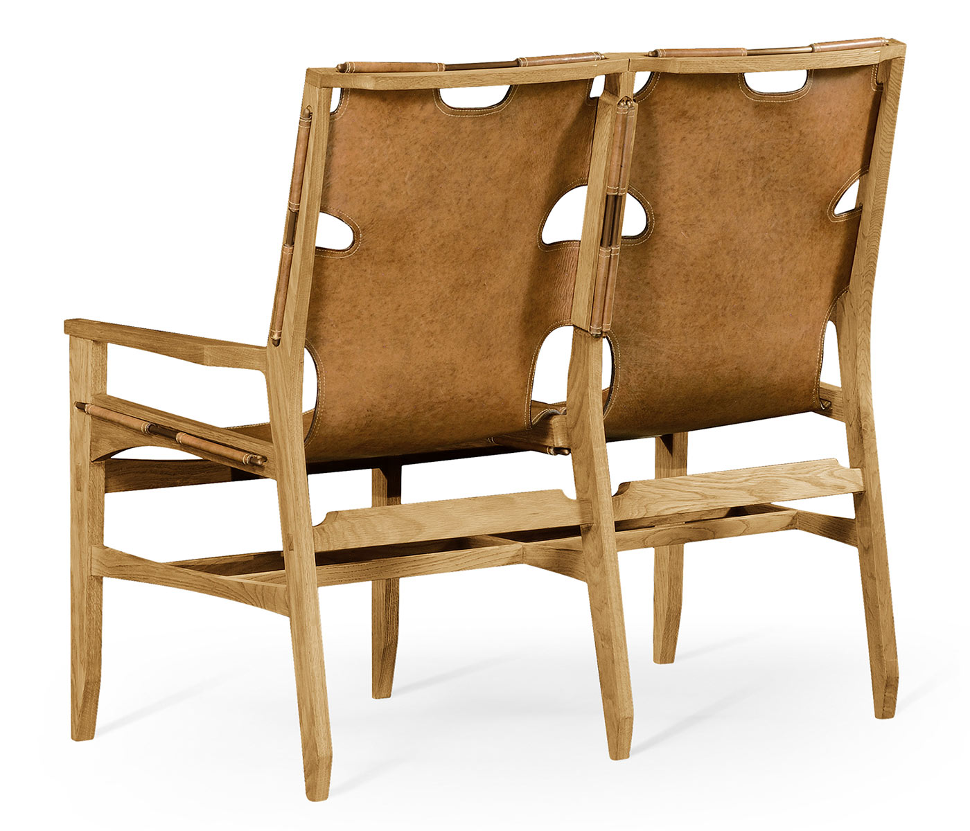 Midcentury Style Slung Leather & Light Oak Two Seat Bench