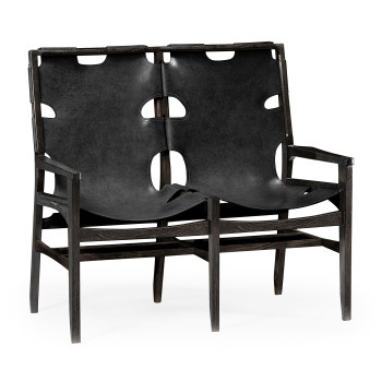 Midcentury Style Slung Black Leather & Black Mocha Oak Two Seat Bench