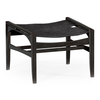Midcentury Style Slung Black Leather & Black Mocha Oak Stool or Footstool