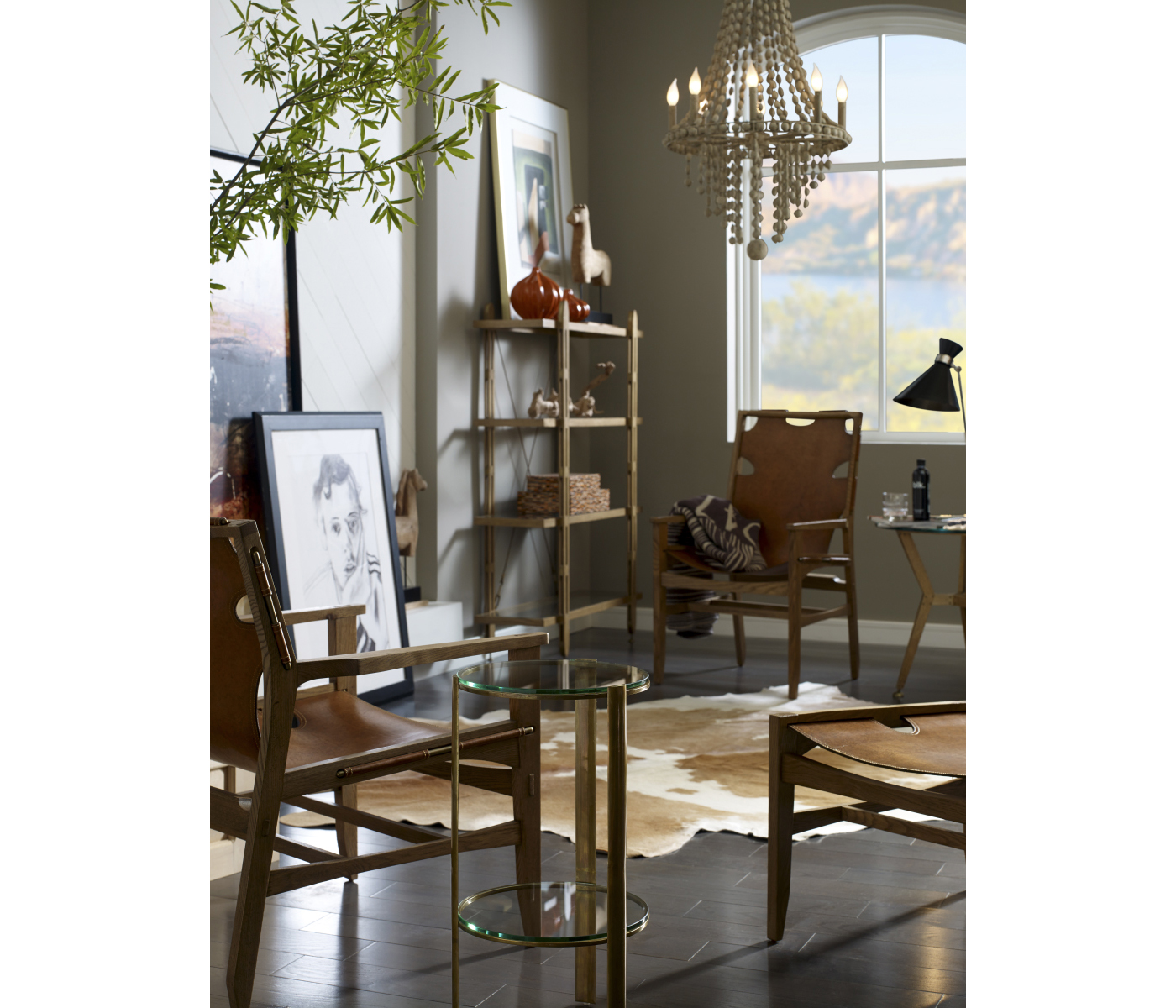 Midcentury Style Slung Black Leather & Black Mocha Oak Stool or Footstool