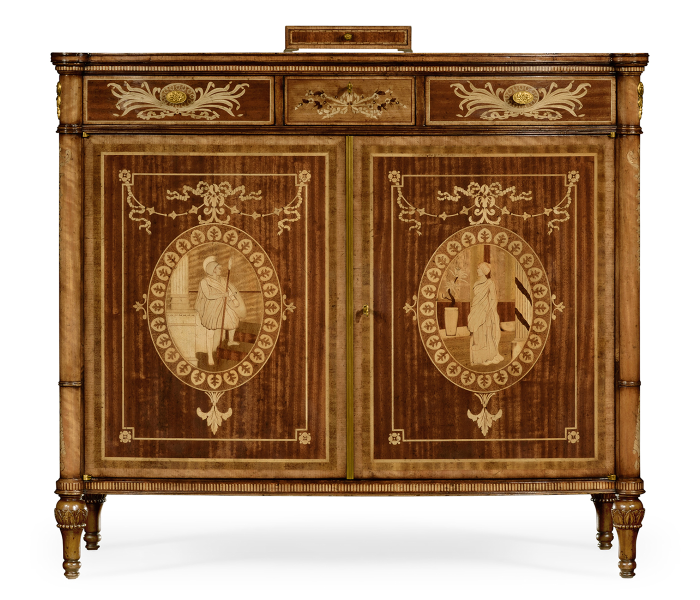 Fine mahogany side cabinet with pictorial marquetry of Paris and Helen