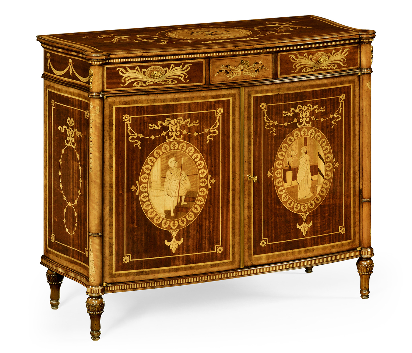 Fine mahogany side cabinet with pictorial marquetry of Paris and Helen