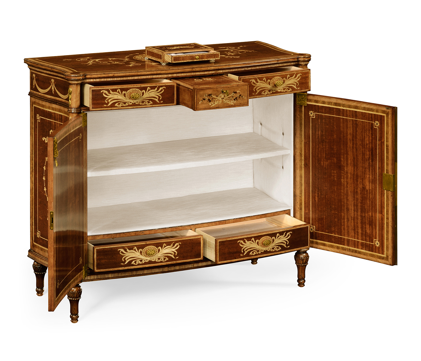 Fine mahogany side cabinet with pictorial marquetry of Paris and Helen
