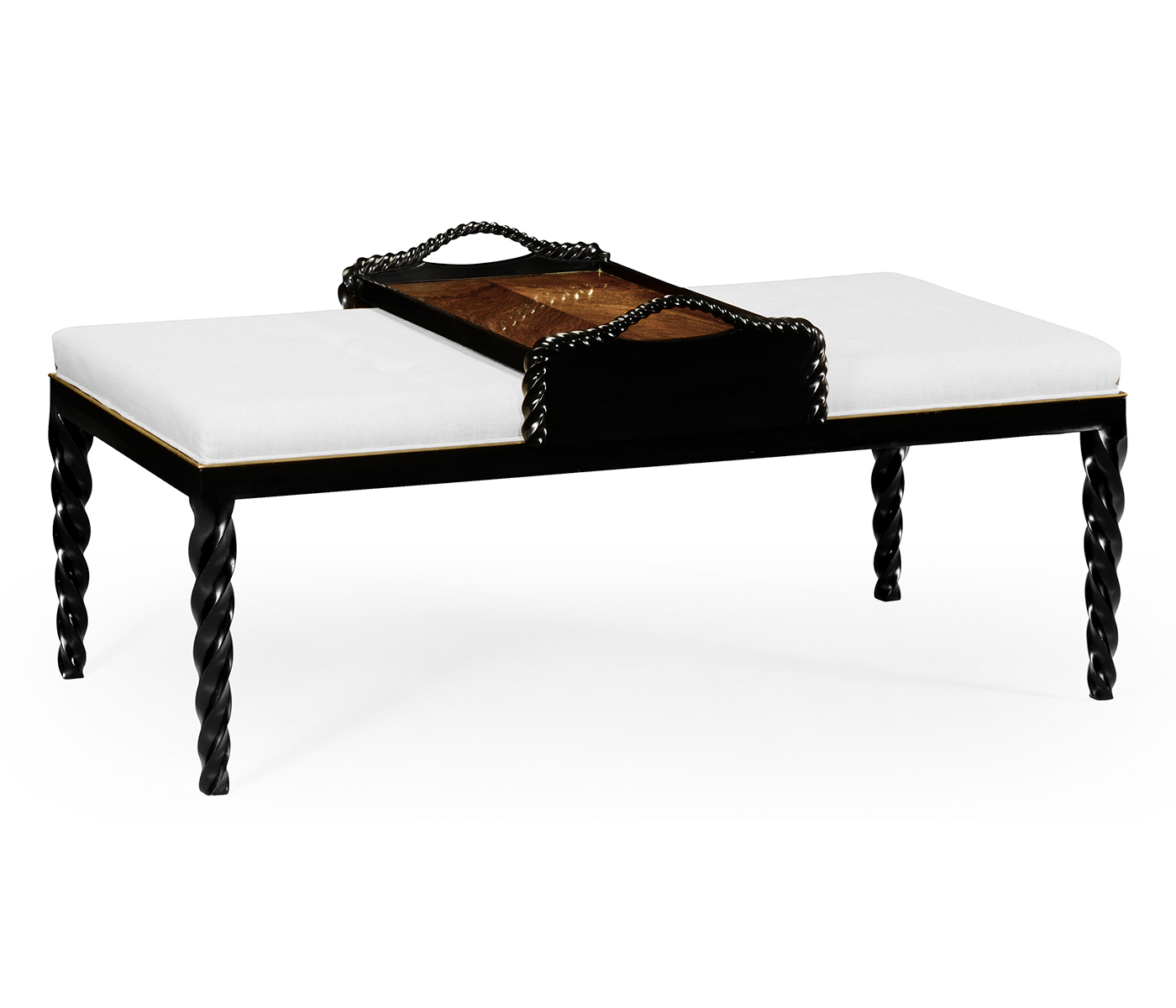 Cocktail Ottoman with Tray Table and Black Barleytwist Legs, Upholstered in COM