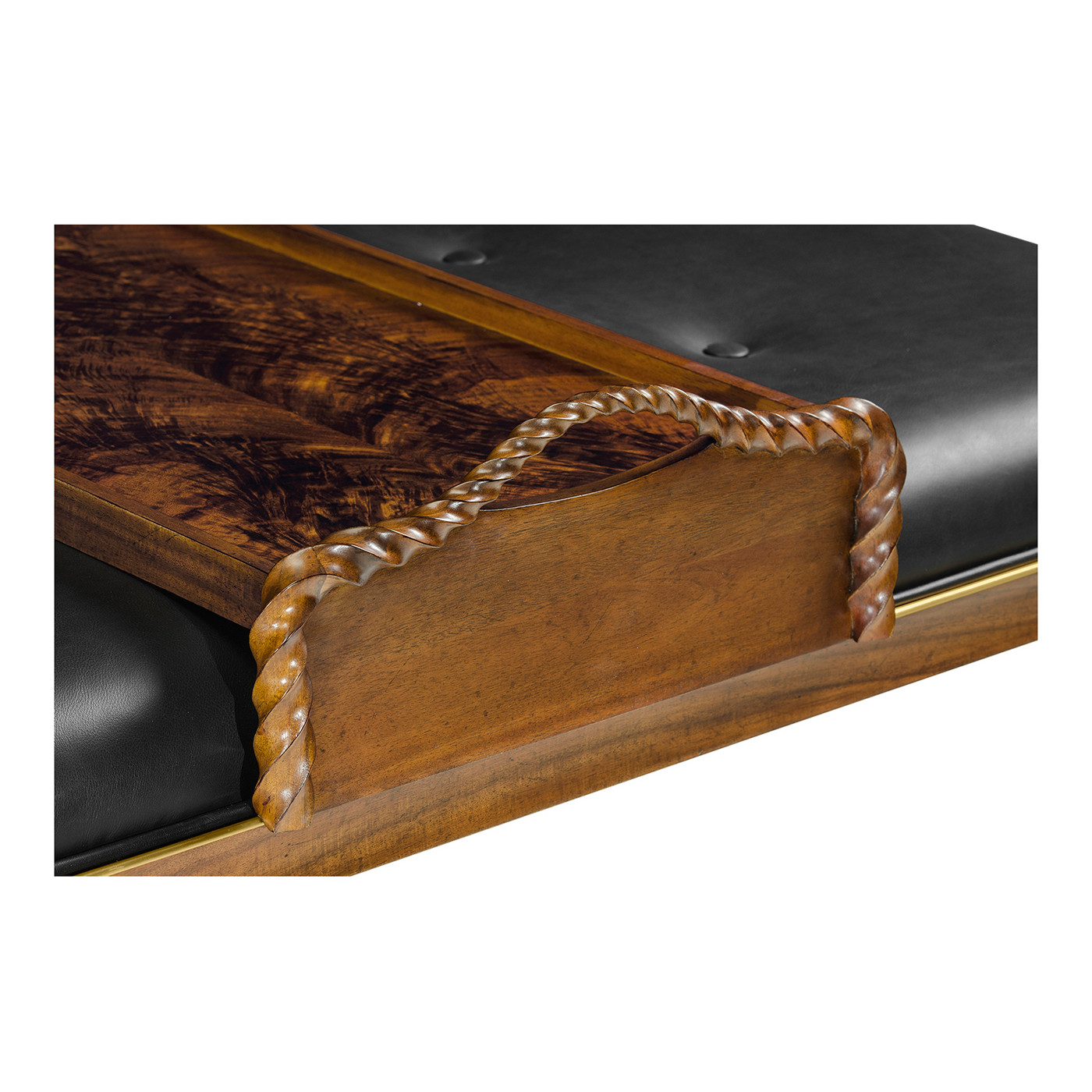 Cocktail Ottoman with Tray Table and Walnut Barleytwist Legs, Upholstered in Black Leather