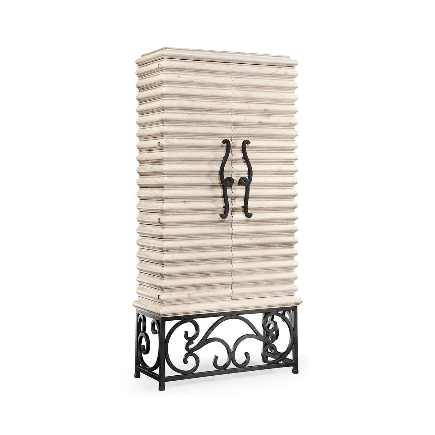 Limed Wood Wine Cabinet with Wrought Iron Base