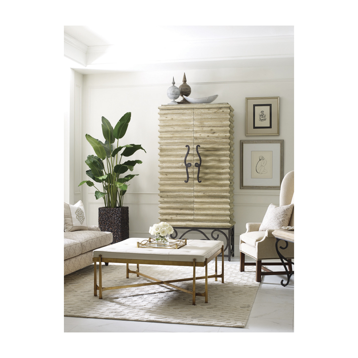 Limed Wood Wine Cabinet with Wrought Iron Base