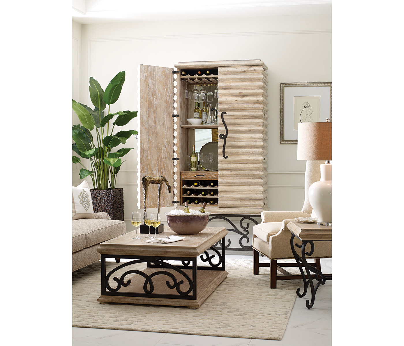 Limed Wood Wine Cabinet with Wrought Iron Base