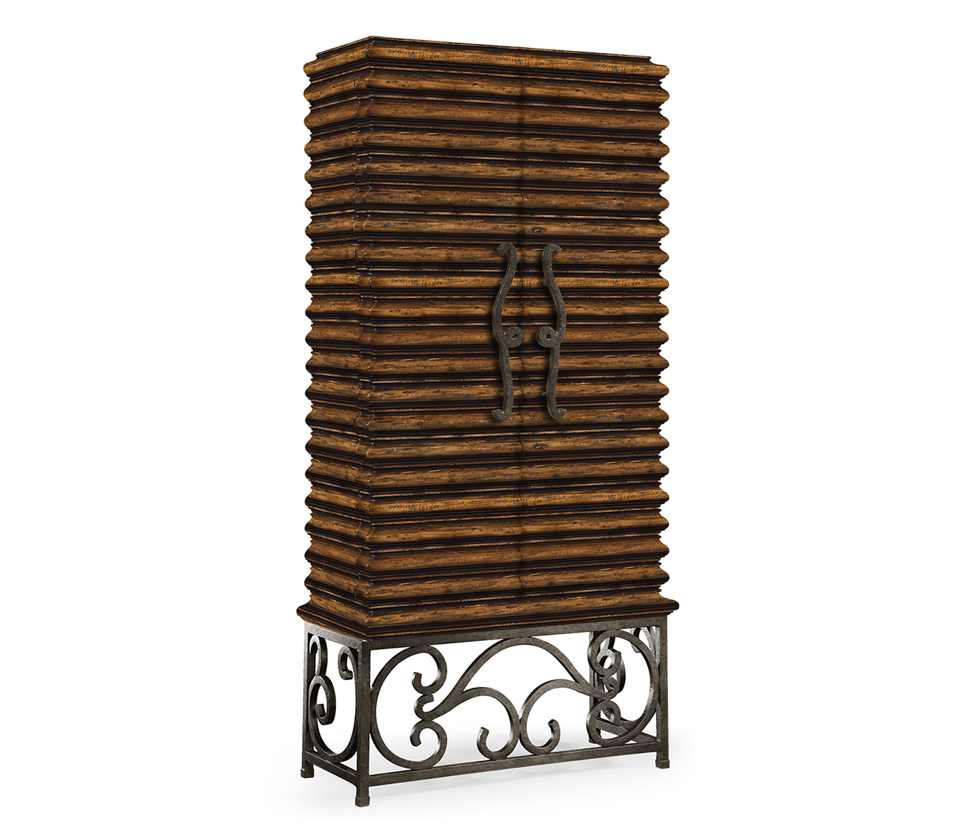 Rustic Walnut Wine Cabinet with Wrought Iron Base