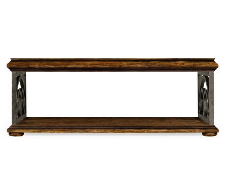Rustic Walnut Coffee Table with Wrought Iron Base