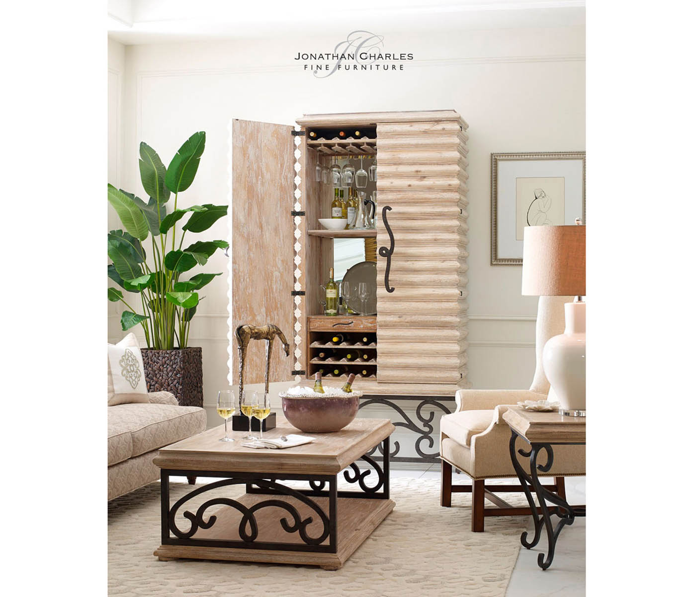 Limed Wood Coffee Table with Wrought Iron Base