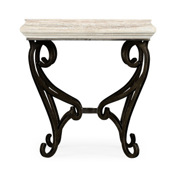 Limed Wood Square Side Table with Wrought Iron Base