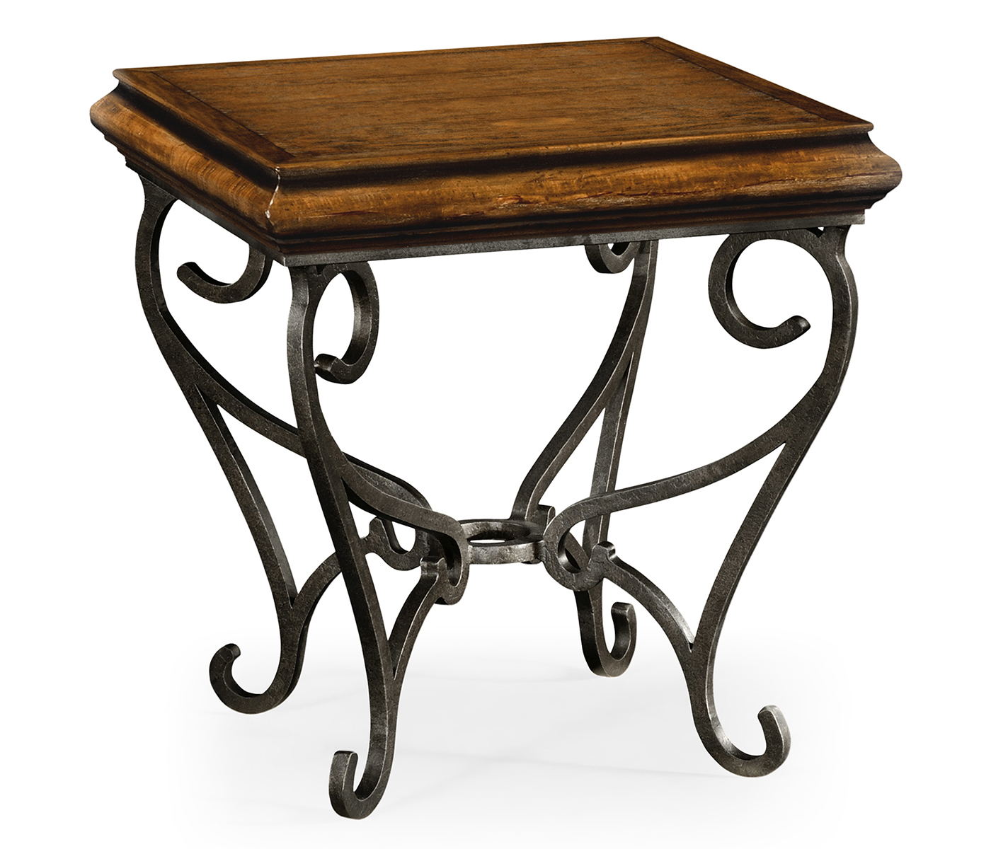Rustic Walnut Square Side Table with Wrought Iron Base