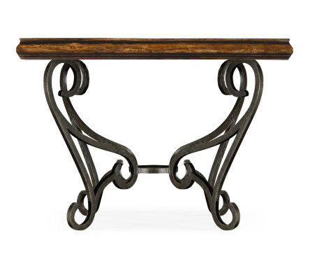 Rustic Walnut and Glass Top Centre Table with Wrought Iron Base