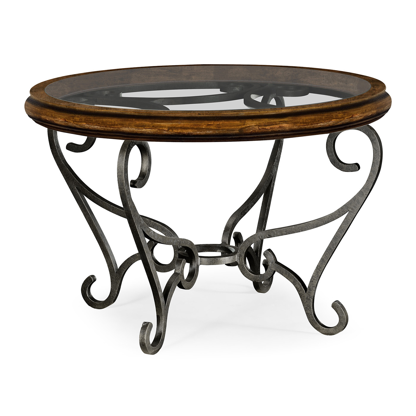Rustic Walnut and Glass Top Centre Table with Wrought Iron Base