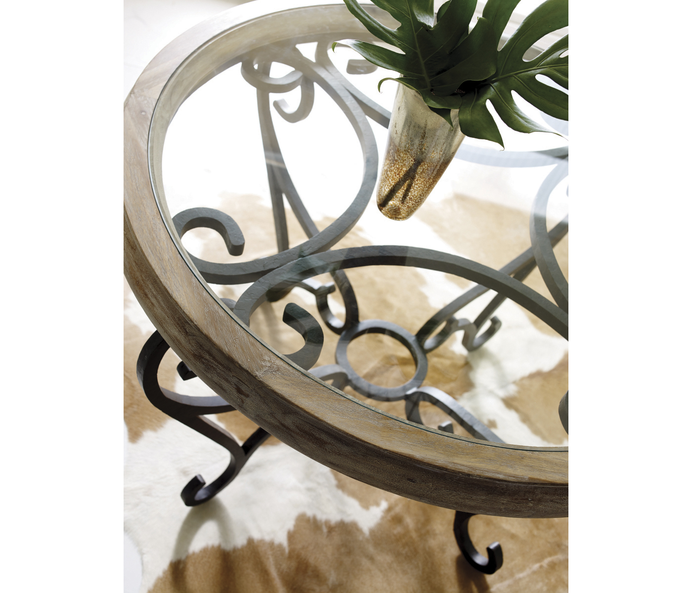 Rustic Walnut and Glass Top Centre Table with Wrought Iron Base