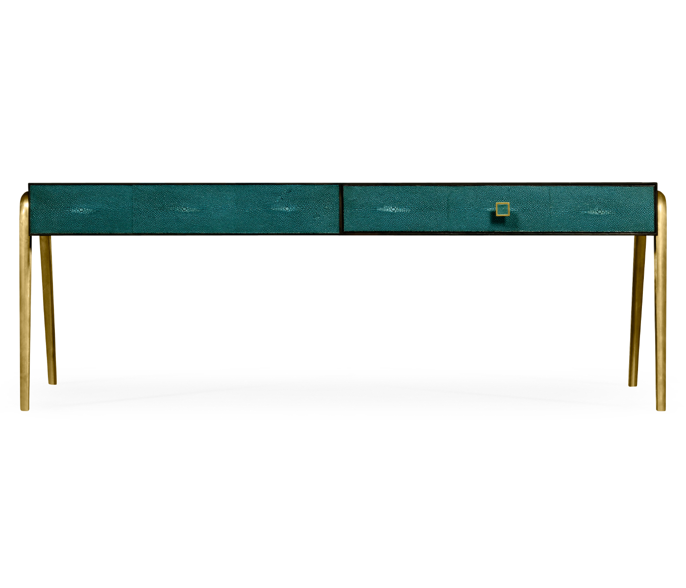 Teal Faux Shagreen and Brass Legged Coffee Table