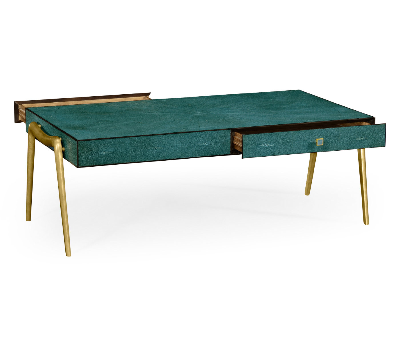 Teal Faux Shagreen and Brass Legged Coffee Table