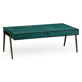 Teal Faux Shagreen and Bronze Legged Coffee Table