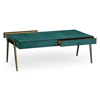 Teal Faux Shagreen and Bronze Legged Coffee Table