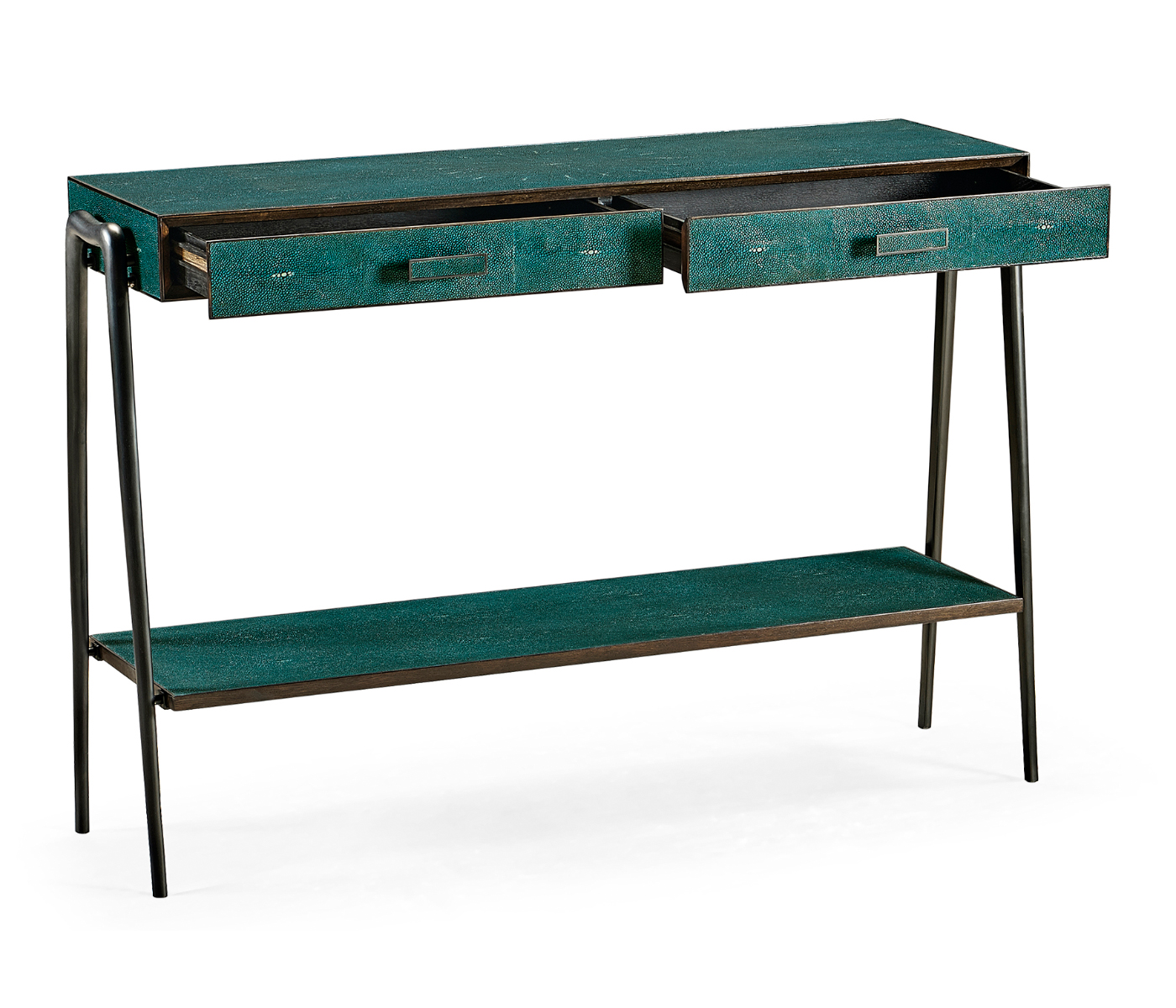 Teal Faux Shagreen and Bronze Legged Console
