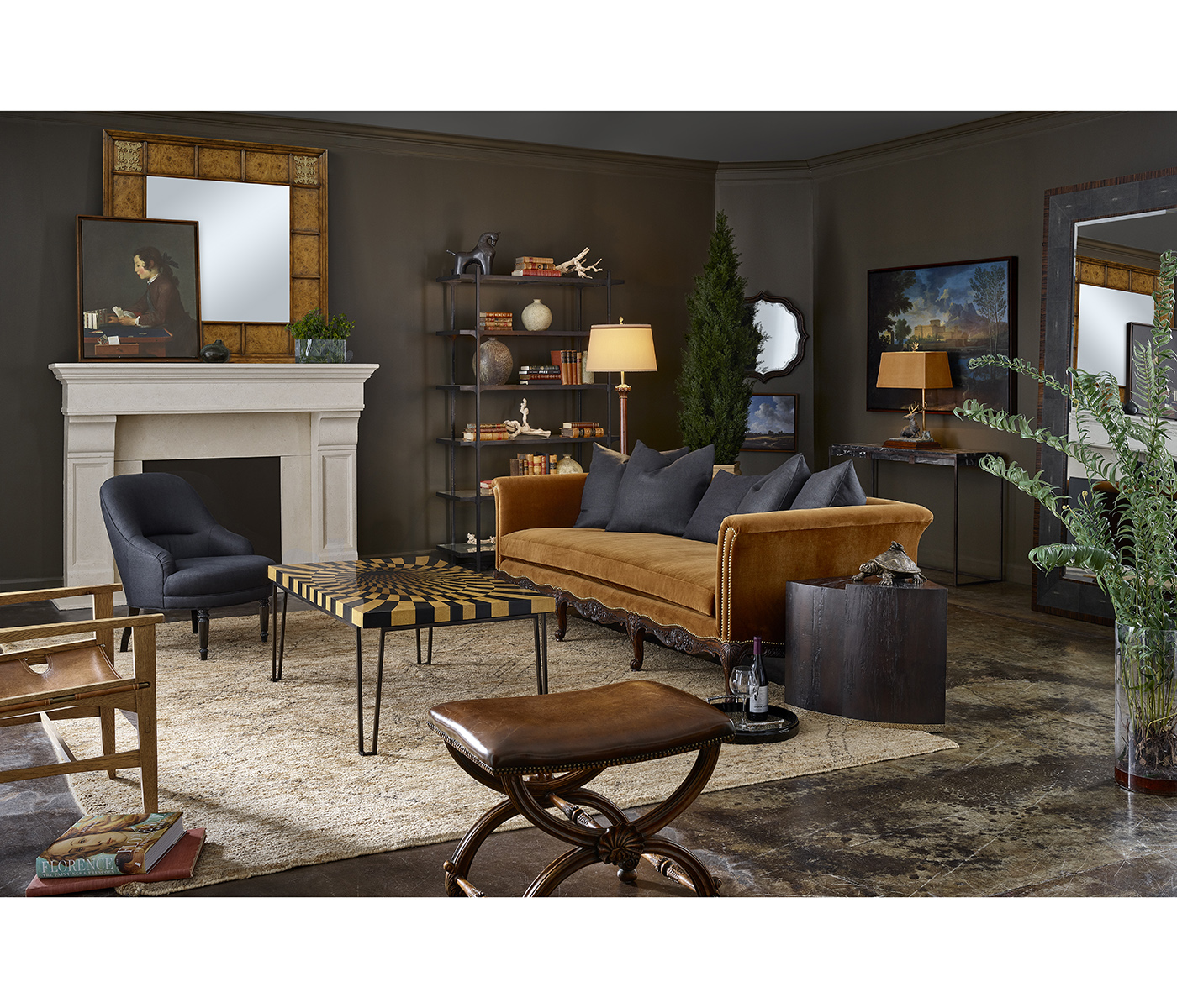 Rustic walnut round antique mirror