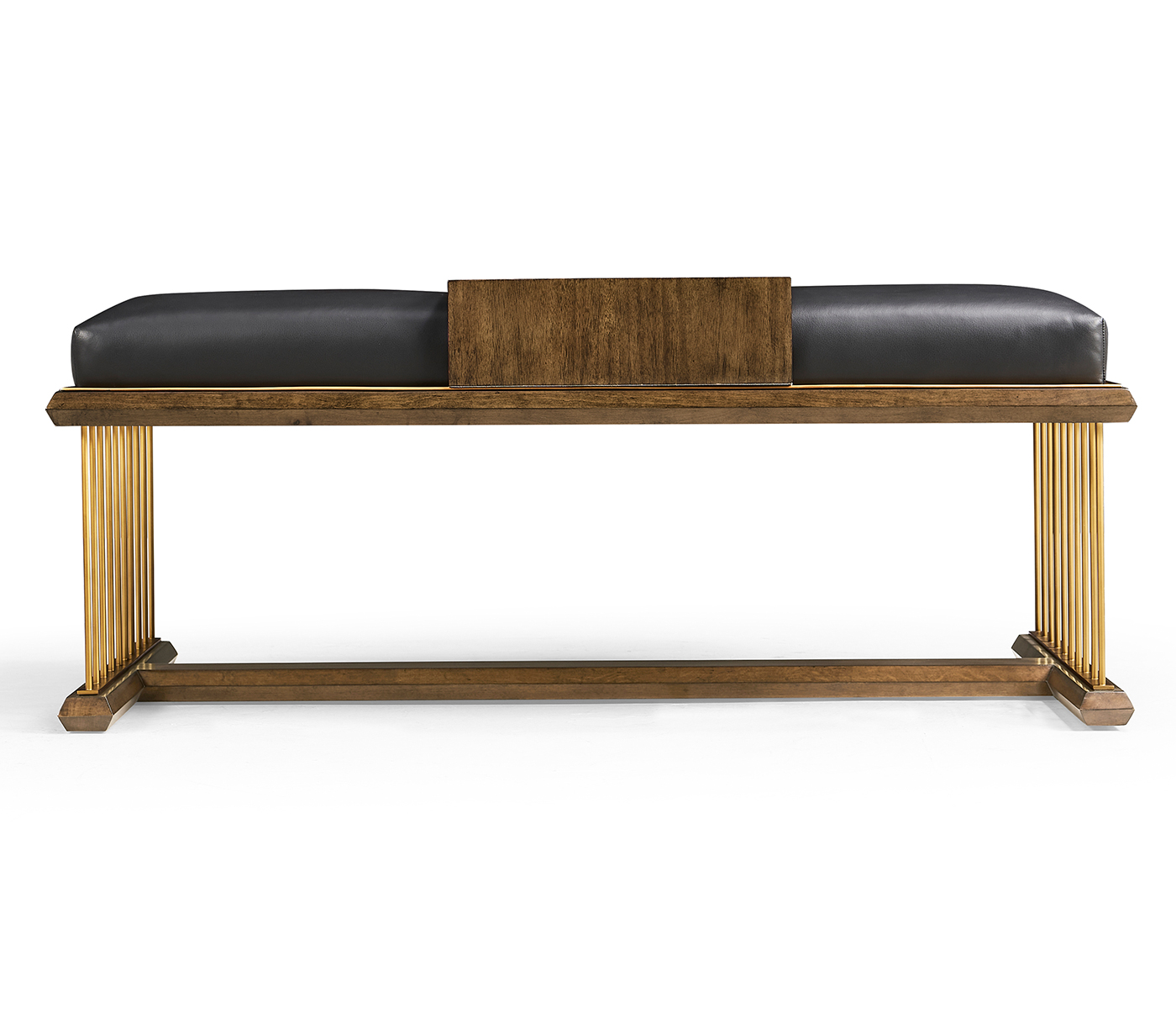 Camden Walnut Cocktail Ottoman with Tray, Upholstered in Black Leather