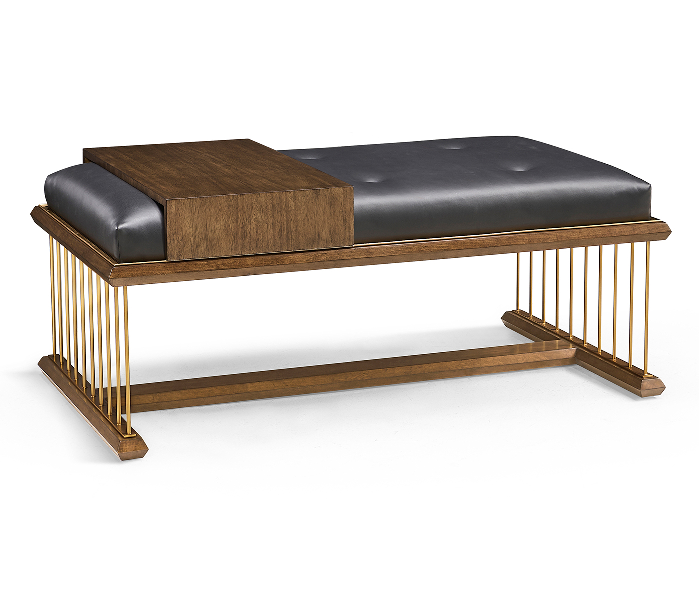 Camden Walnut Cocktail Ottoman with Tray, Upholstered in Black Leather