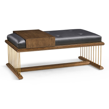 Camden Walnut Cocktail Ottoman with Tray, Upholstered in Black Leather