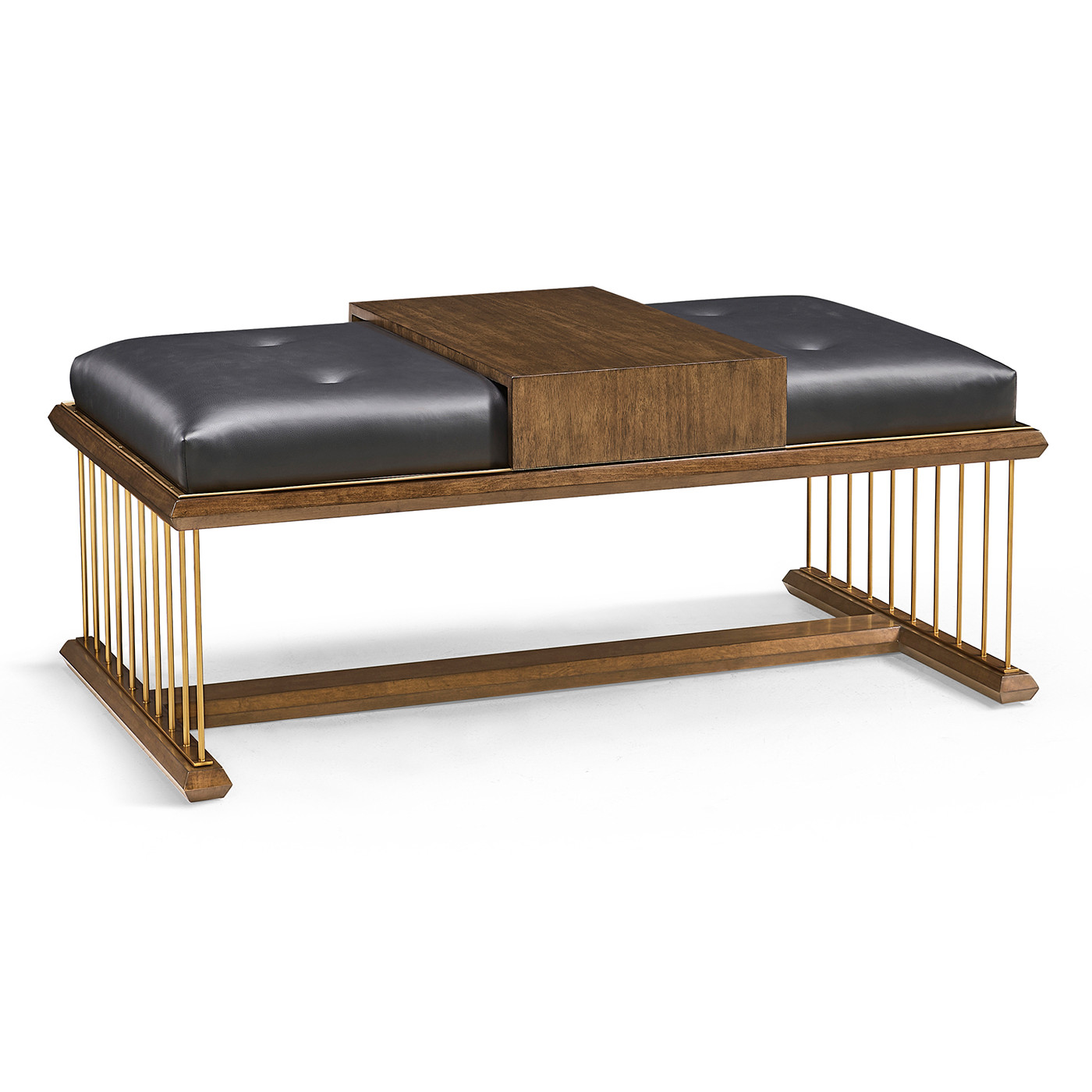 Camden Walnut Cocktail Ottoman with Tray, Upholstered in Black Leather