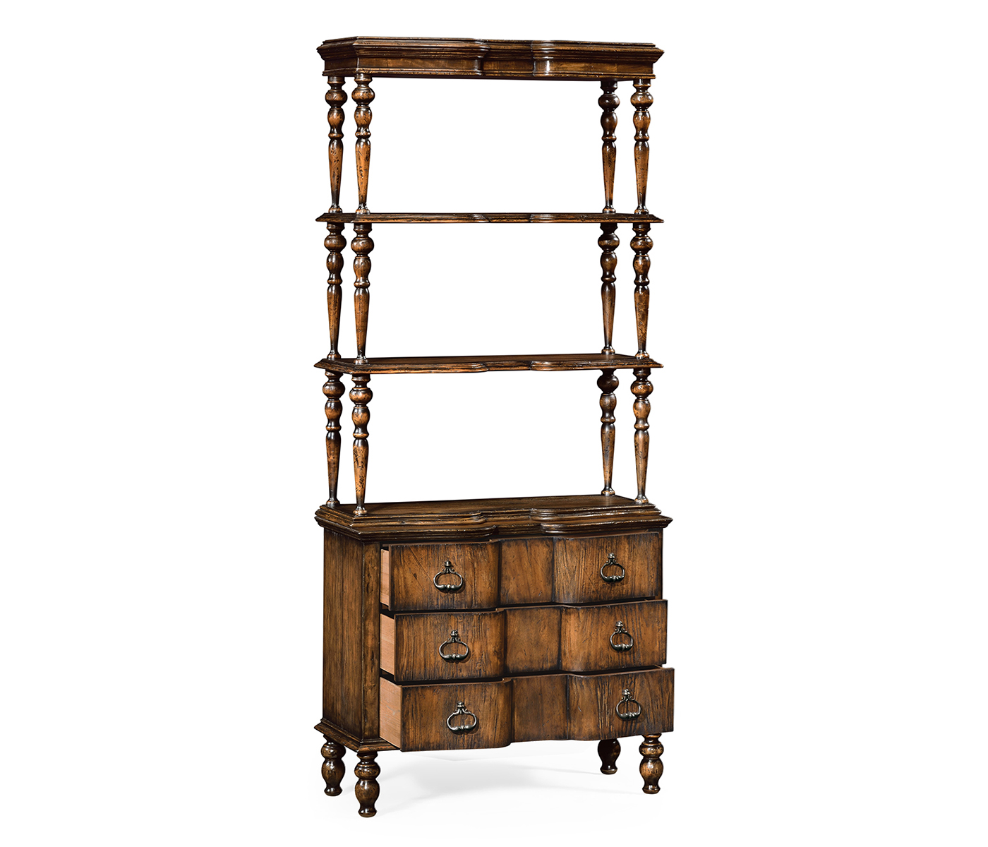 3 tiered étagère with drawers in rustic walnut