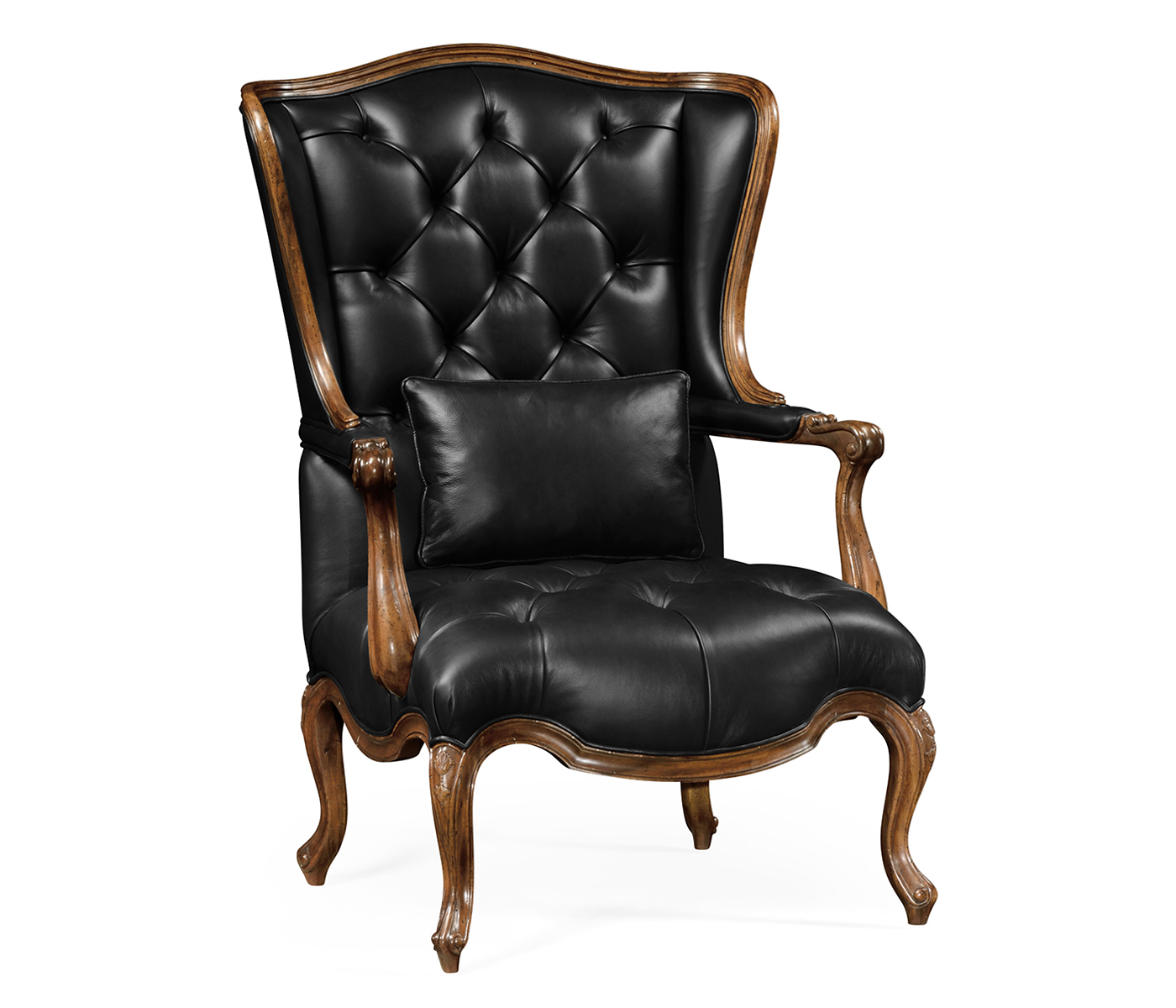 Wing-backed chair in black leather