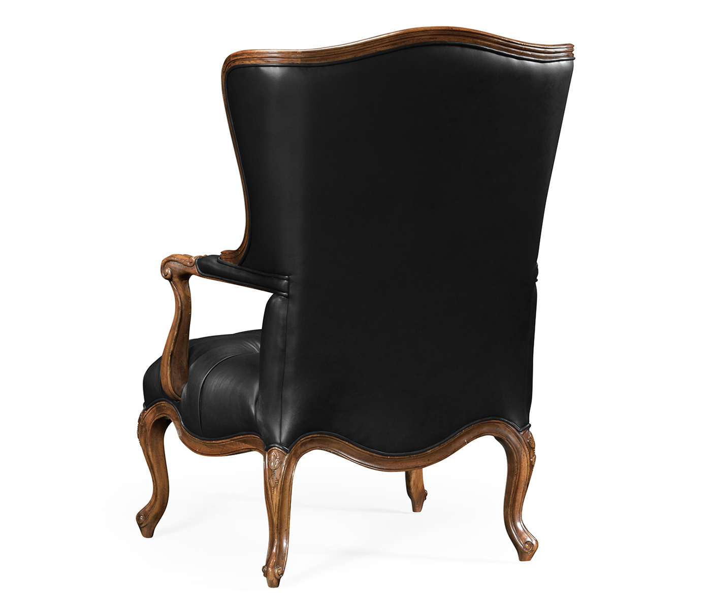 Wing-backed chair in black leather