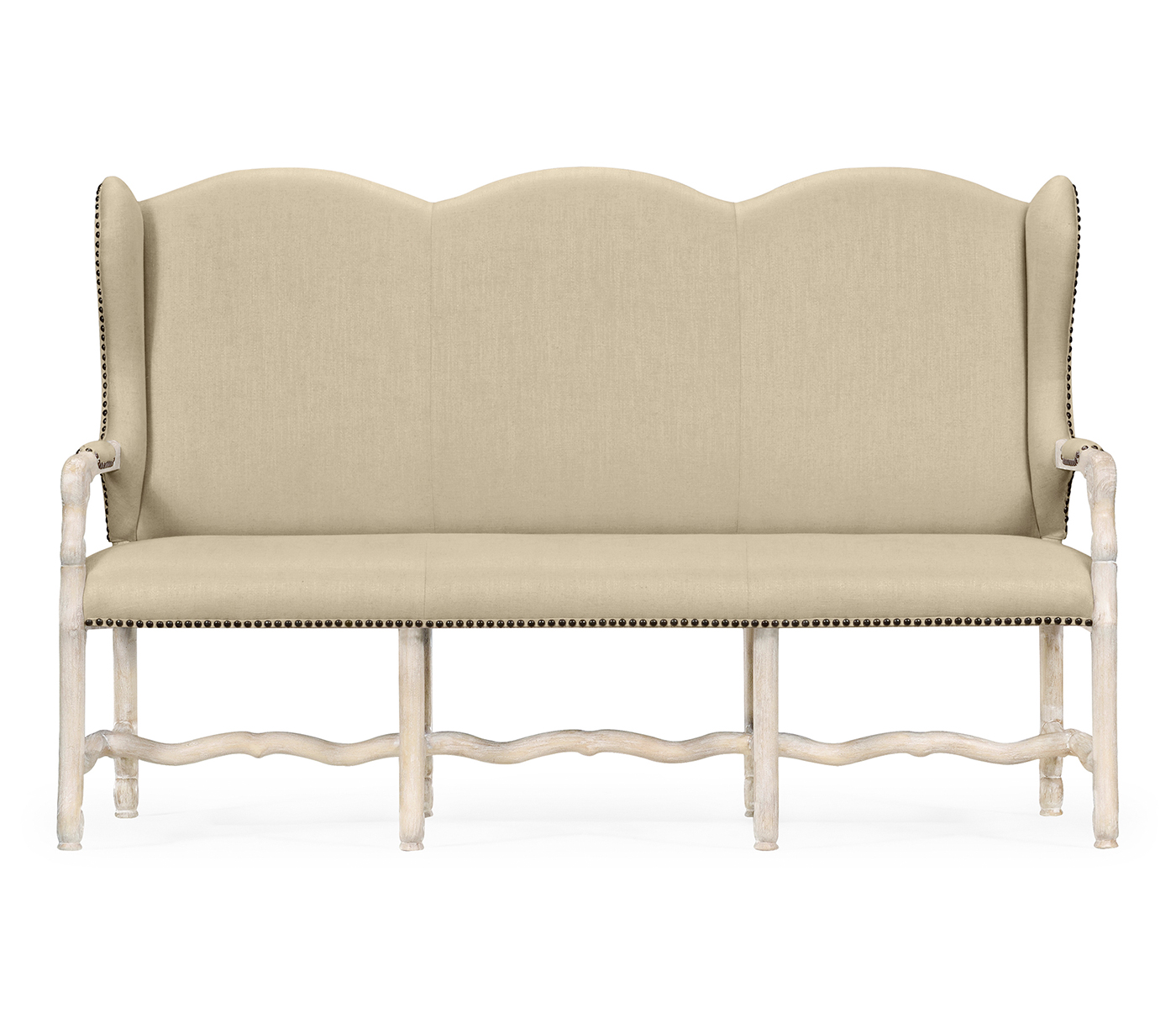 Three-seater bench in Limed Acacia, upholstered in MAZO