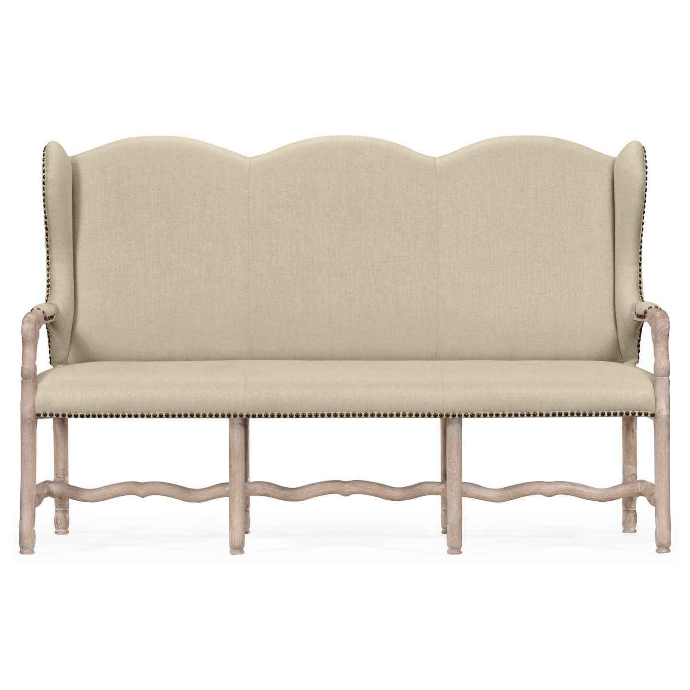 Three-seater bench in Limed Acacia, upholstered in MAZO