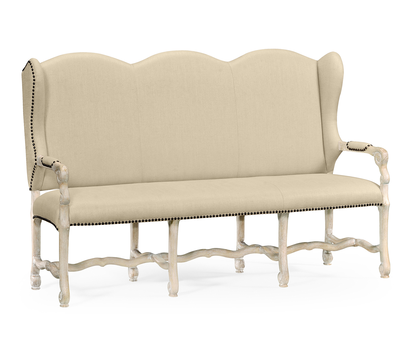 Three-seater bench in Limed Acacia, upholstered in MAZO