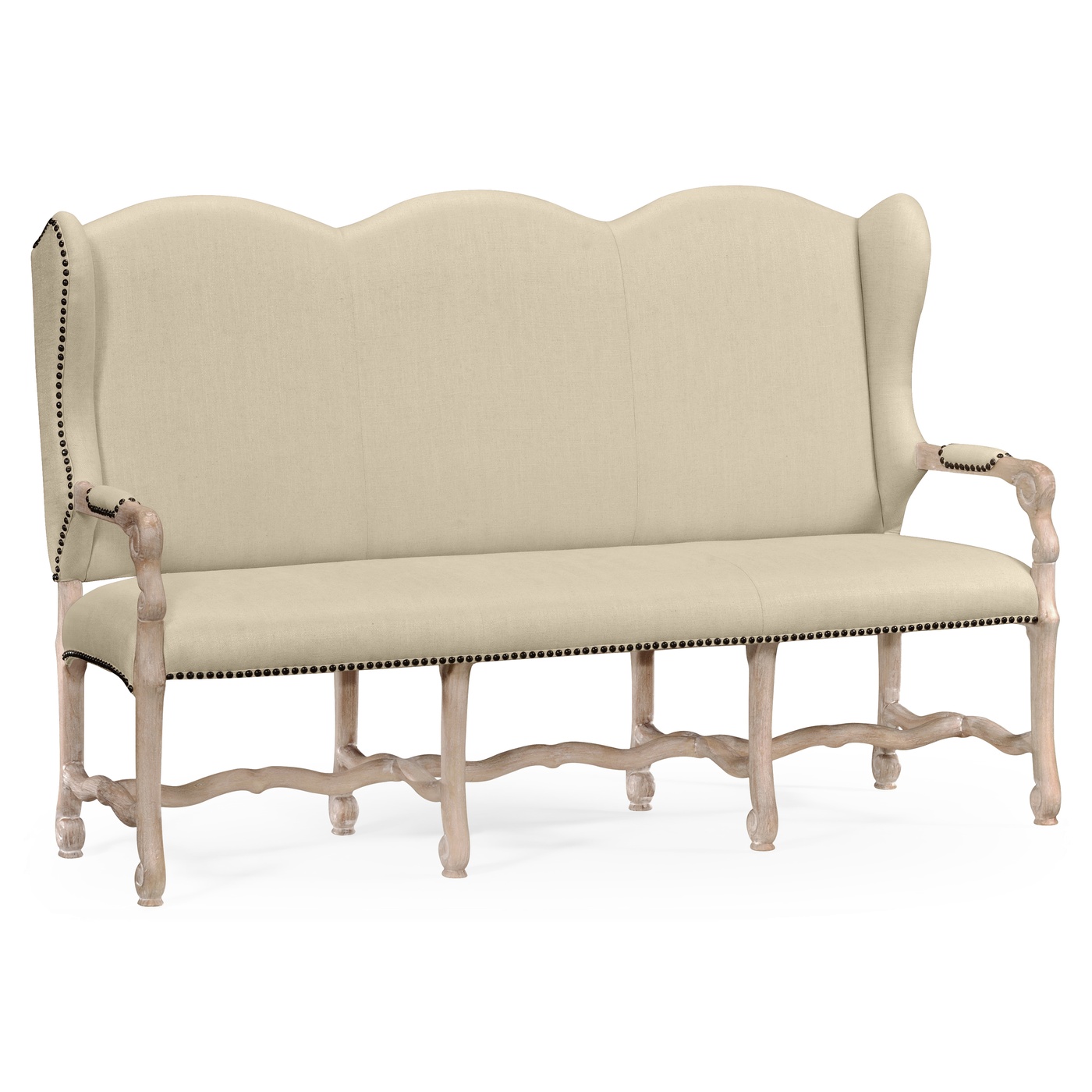 Three-seater bench in Limed Acacia, upholstered in MAZO