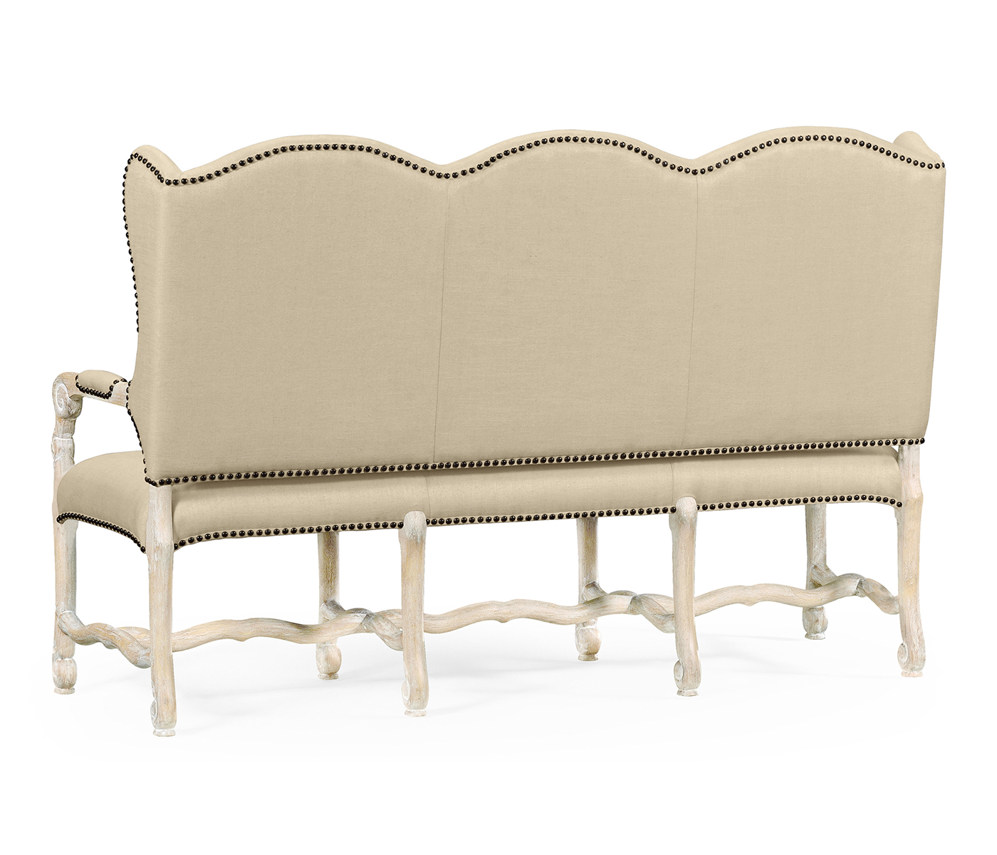 Three-seater bench in Limed Acacia, upholstered in MAZO