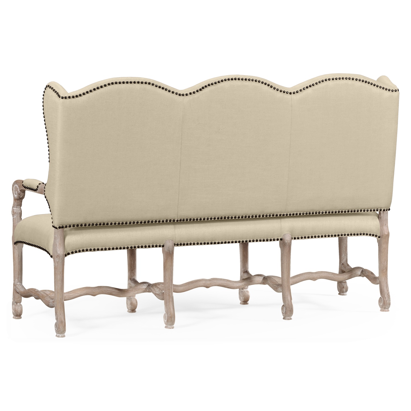 Three-seater bench in Limed Acacia, upholstered in MAZO