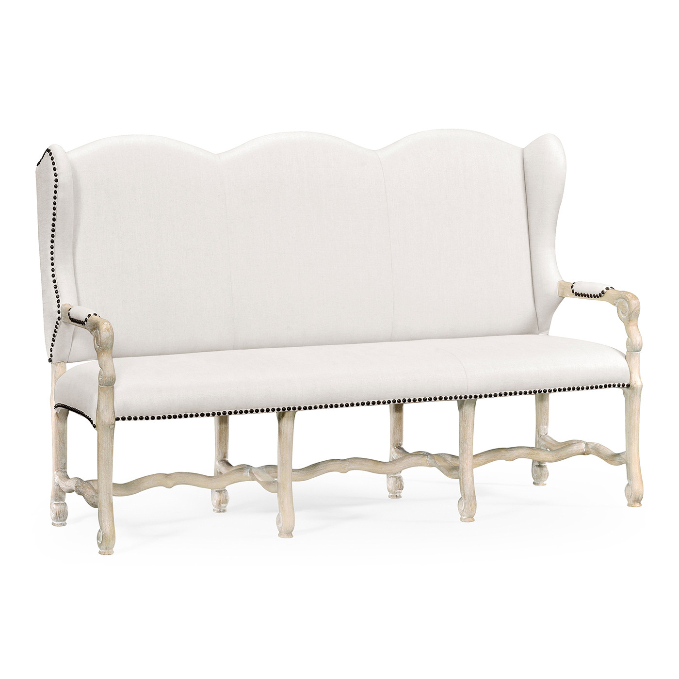 Three–seater bench in Limed Acacia, upholstered in COM