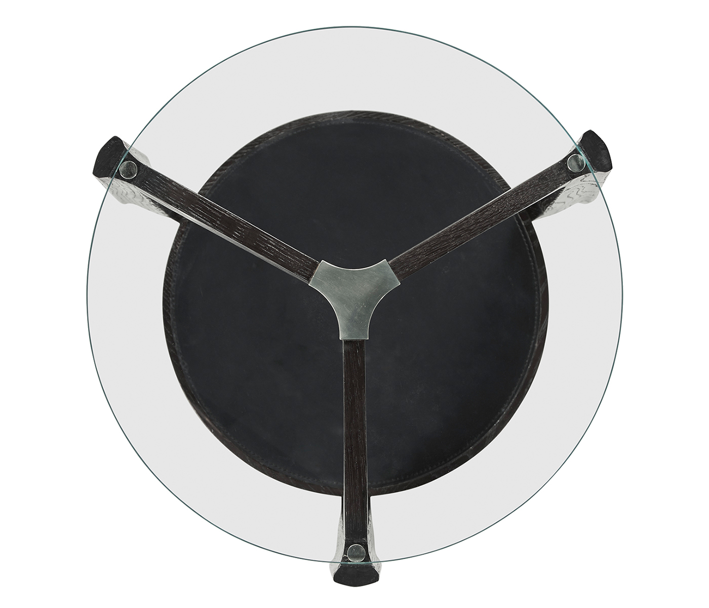 Architectural Round Black Leather & Black Mocha Oak End Table with Glass Top
