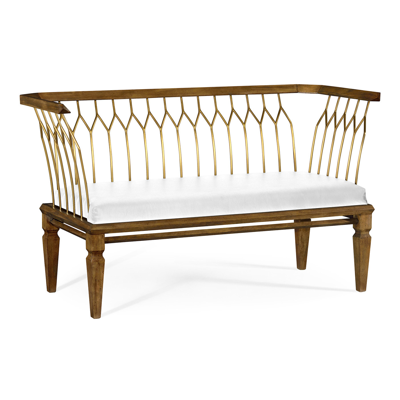 Contemporary Walnut & Brass Bench, Upholstered in COM
