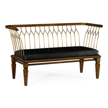 Contemporary Walnut & Brass Bench, Upholstered in Black Leather