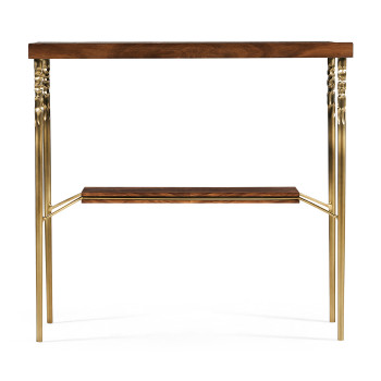 Console table in Tropical walnut crotch with brass base