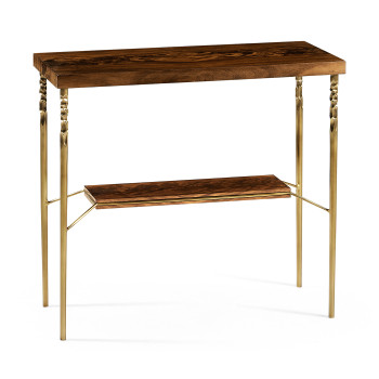 Console table in Tropical walnut crotch with brass base