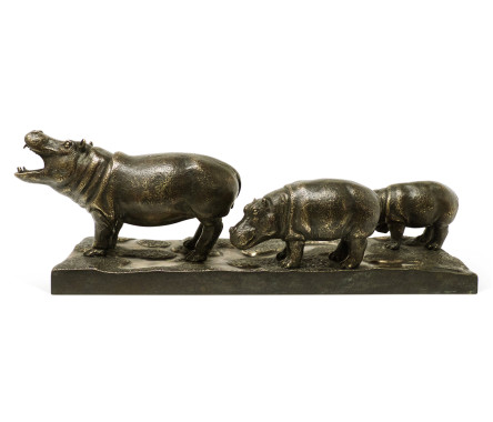 Antique Dark Bronze Hippopotamus Family