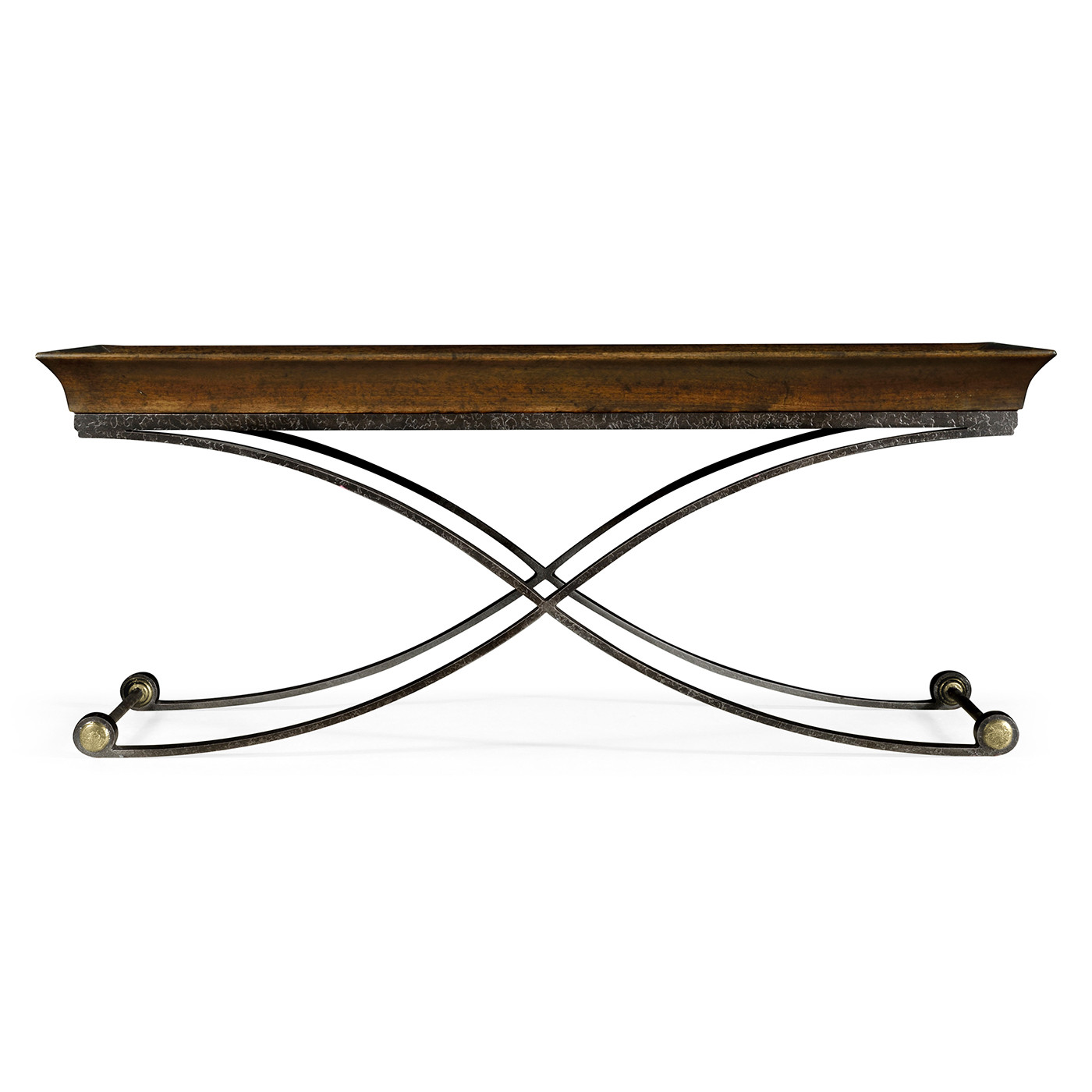 Brown mahogany coffee table with antique iron base